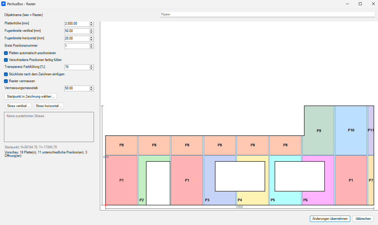PeritusBox-Rastereditor mit Vorschau, Plattenparametern und Positionsnummern